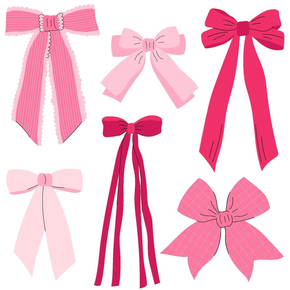 Set of various pink bow designs in different shapes and style. Perfect for decoration, celebrations, weddings, and party designs vector