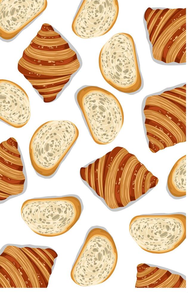Dry croissants and delicious slices pattern on white background. Bread texture vector