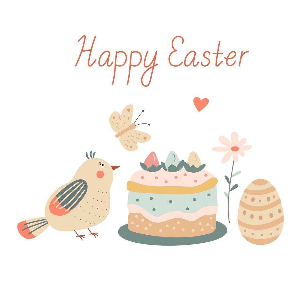 Happy Easter greeting card with an easter cake, an egg, a cute little chicken or a bird, a flower and a butterfly. Illustration and lettering in hand drawn flat style, pastel colors. vector