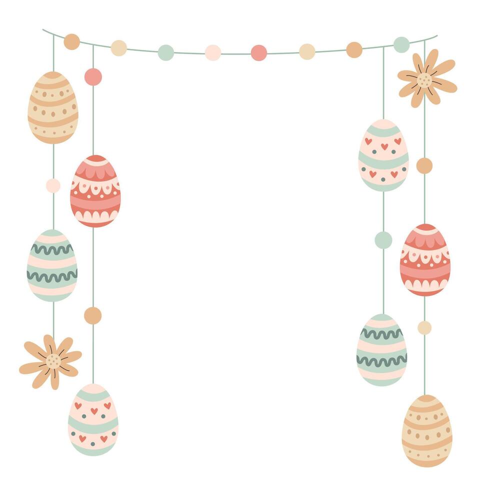 Festive vertical Easter garland illustration with decorated eggs and flowers in pastel colors. Perfect for greeting cards, invitations, seasonal banners, and holiday designs. vector