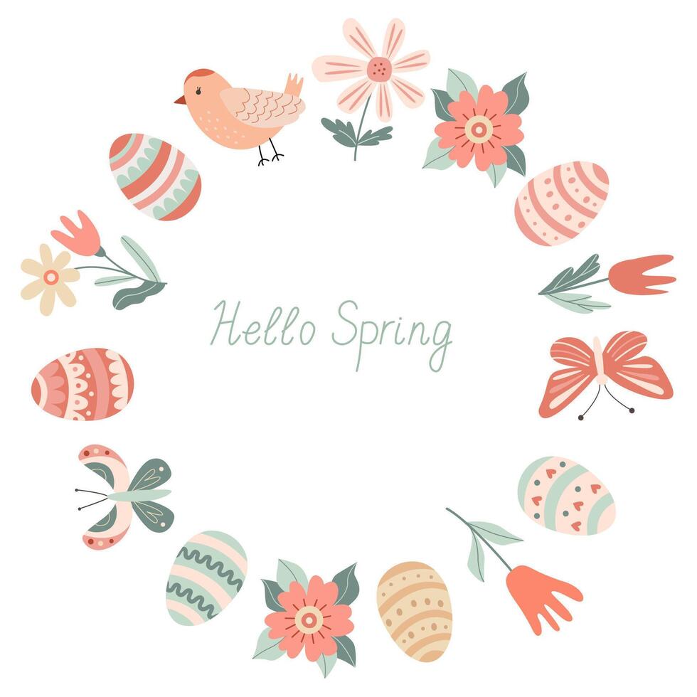 Happy Easter round frame with eggs, bird, butterflies and flowers. Flat style illustration in pastel colors. Perfect for greeting cards, invitations, seasonal banner and holiday design vector