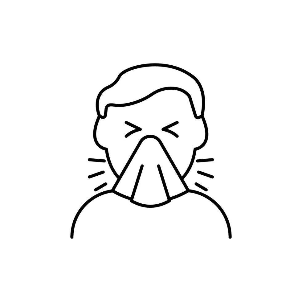 Sneezing man line icon, pictogram of flu or cold symptom. Man covering cough with napkin illustration, sign for medical poster. vector