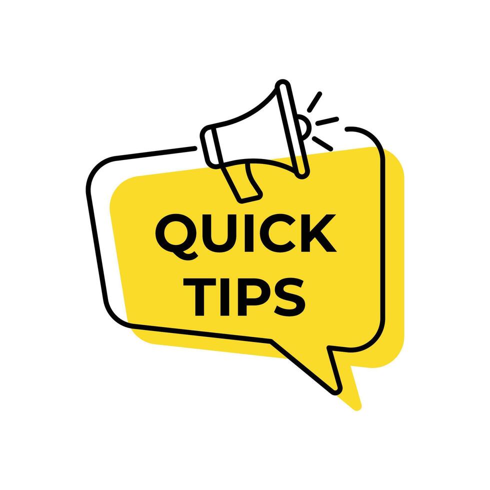 Quick tips symbol. Megaphone yellow banner. Education faq sign. Best help assistance. Thought speech bubble with quotes. Top tips chat think megaphone message. vector