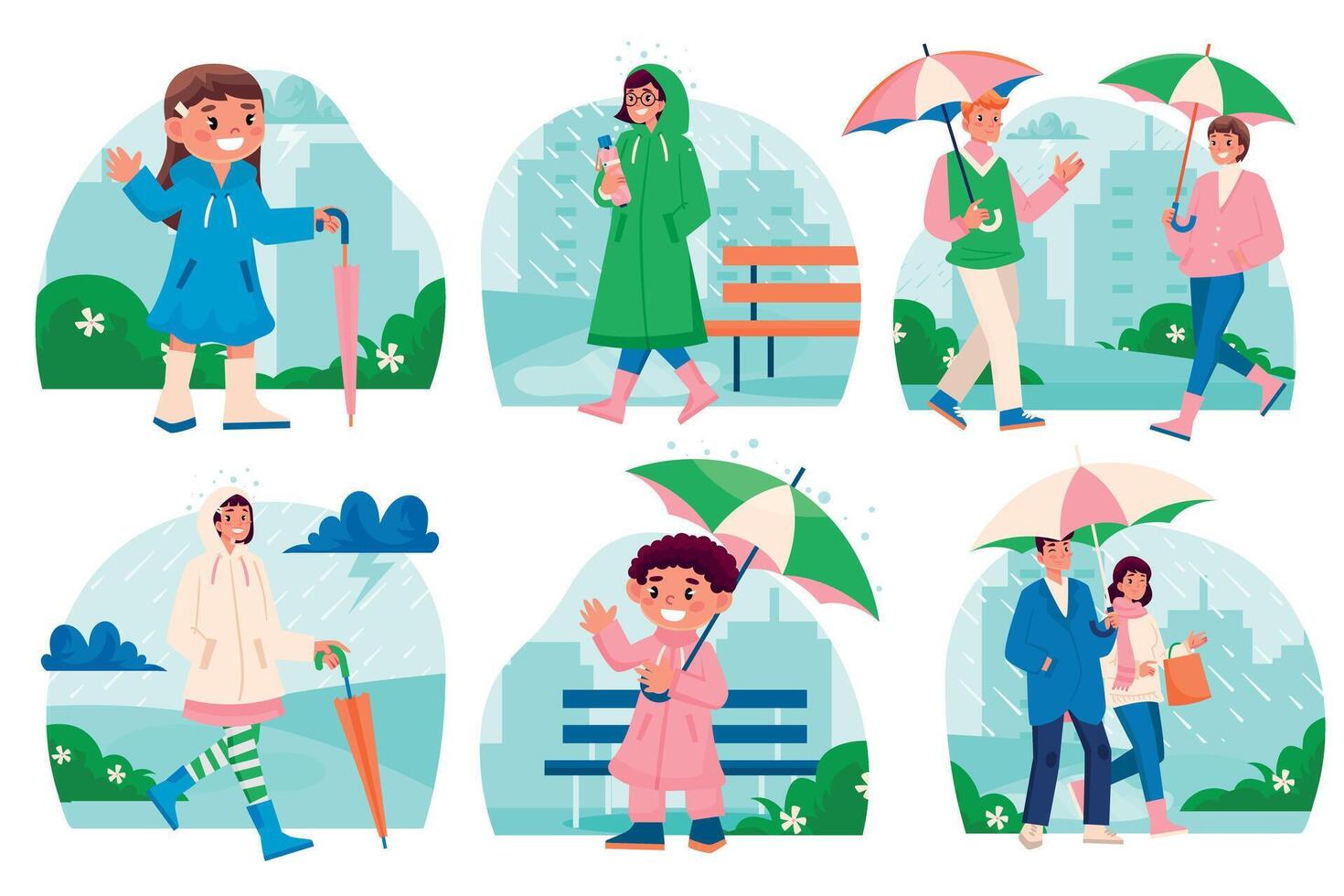 Diverse People Enjoying a Rainy Day with Umbrellas vector