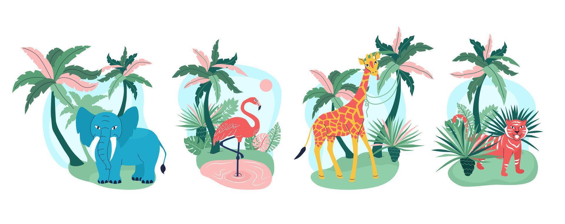Tropical Wildlife Illustration with Elephant, Flamingo, Giraffe, and Tiger vector