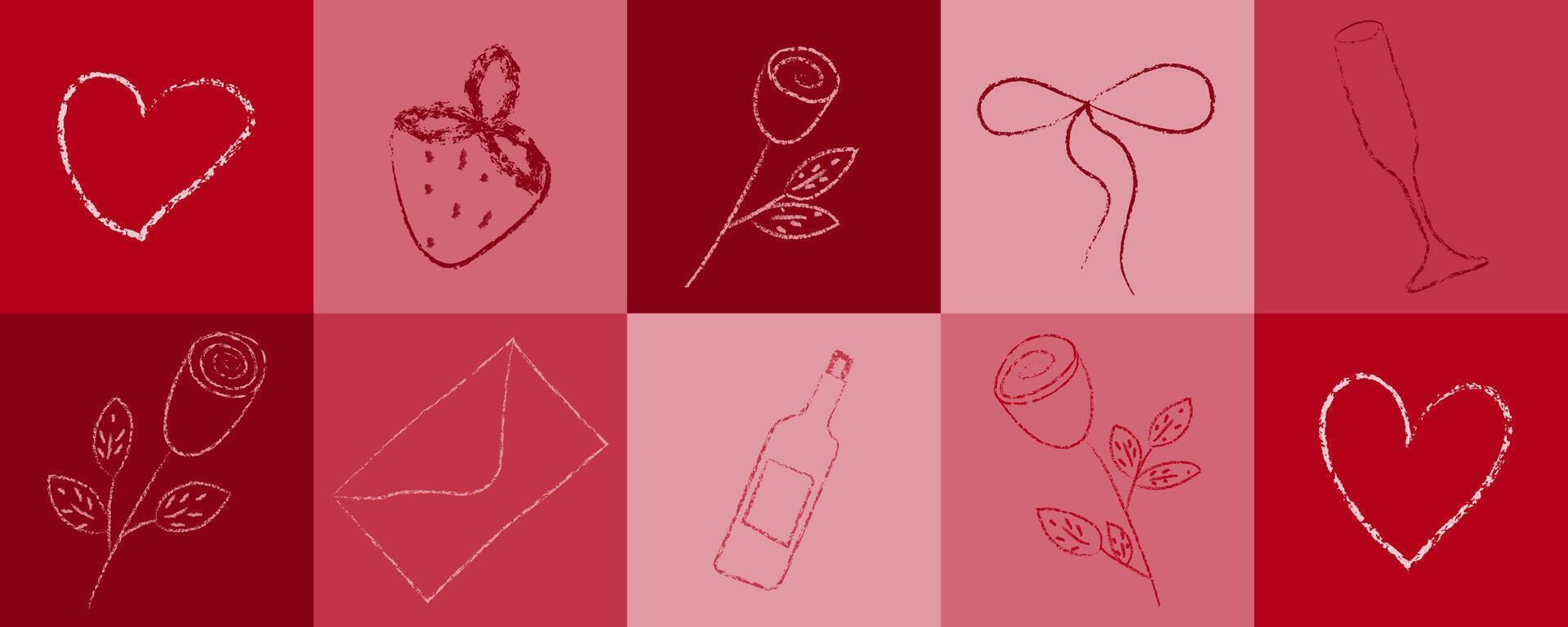 Red Valentine day chalk element illustration. Love shape symbol, rose, envelope and wine artwork crayon stroke drawing for romantic celebration. Simple geometric background with tile graphic. vector