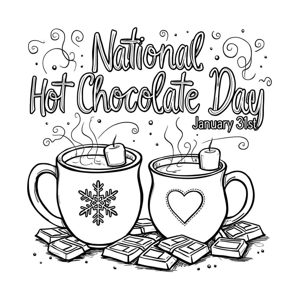 National Hot Chocolate Day Cozy Coloring Page with Steaming Mugs and Festive Designs vector