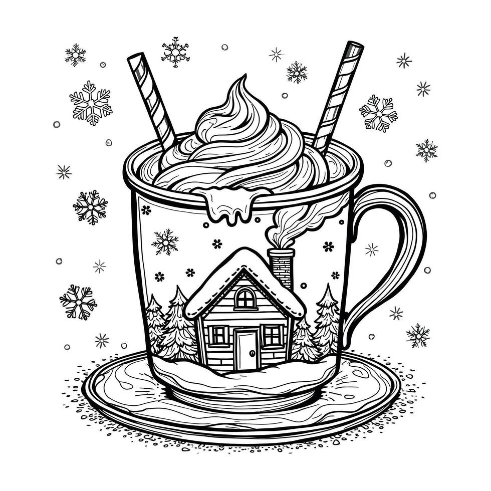 Cozy Winter Mug Festive Coloring Page with Whipped Topping and Snowflakes vector