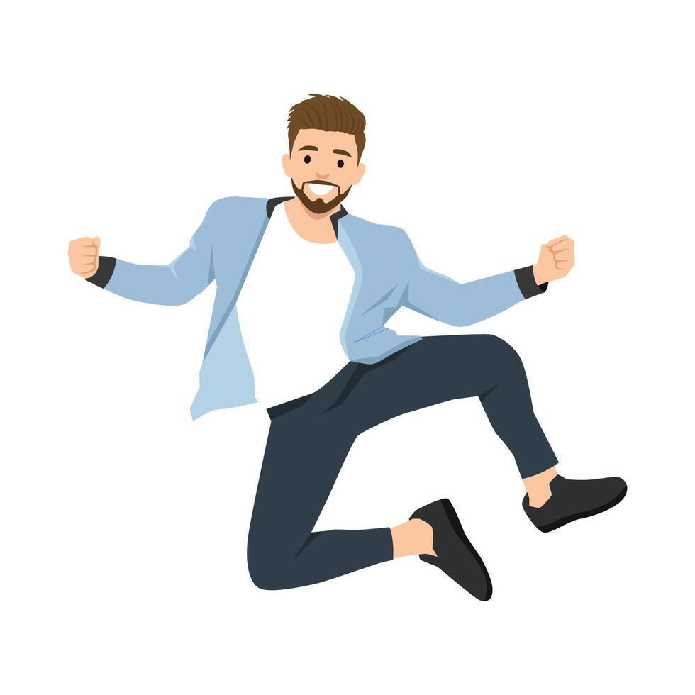 Young man jump high doing winner gesture celebrate clenching fists. vector