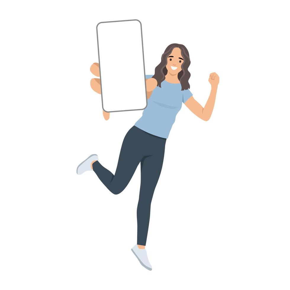 Happy young woman showing empty cellphone screen while jumping up. vector