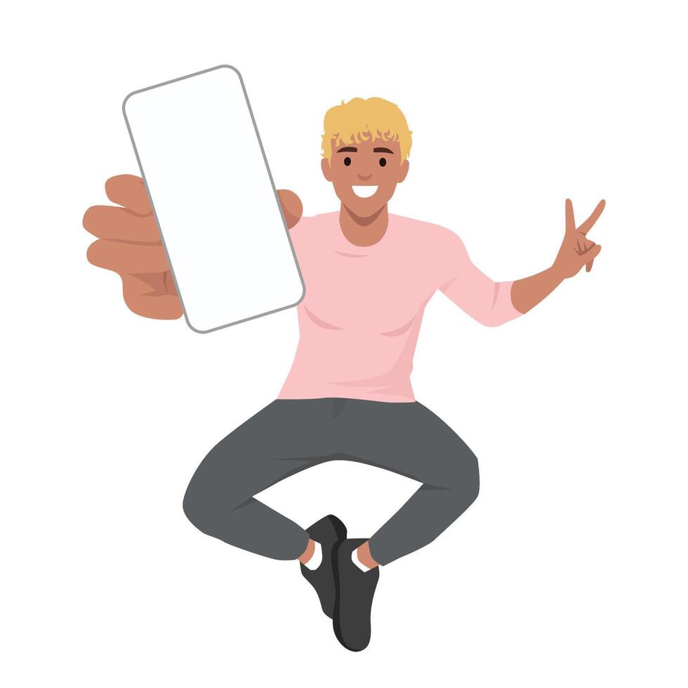 Young happy man jumping with smartphone. vector