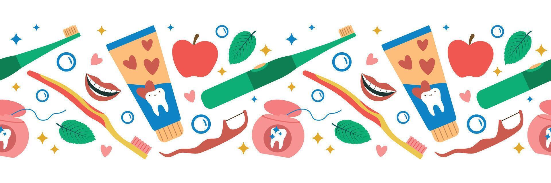 Dental care seamless border. Various tools for dental and oral health. Flat illustration in clip art style. For a dentistry website, business card design, packaging vector