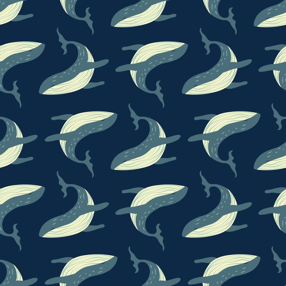 Whale seamless pattern. Turquoise realistic whale on a dark blue background. illustration for fabric, wallpaper, card, cover, wrapping paper. vector