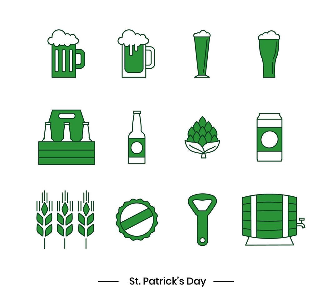 Icon set of flat icons in green, white and black colors, for Irish holiday St. Patrick's Day, isolated on white background. Icons for pub or bar menu vector