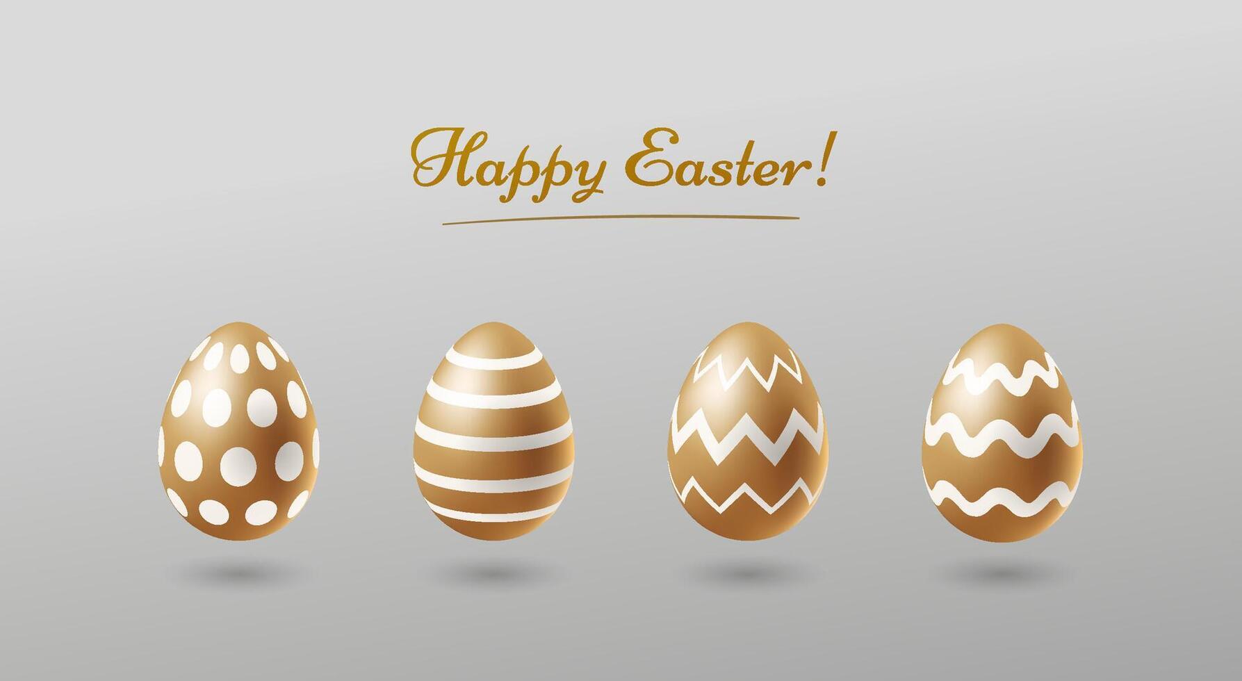 Happy Easter greeting card with realistic golden eggs with white ornament on light background vector