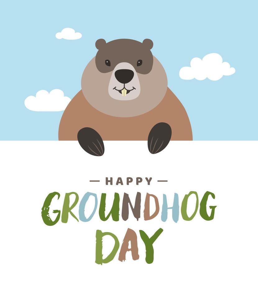 Happy Groundhog day card design template. Cute groundhog character illustration with colorful hand drawn text vector