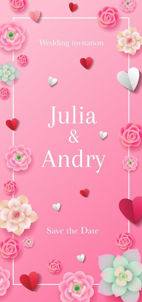 Wedding invitation design concept with flowers and paper hearts on pink background. Save the date floral card vector