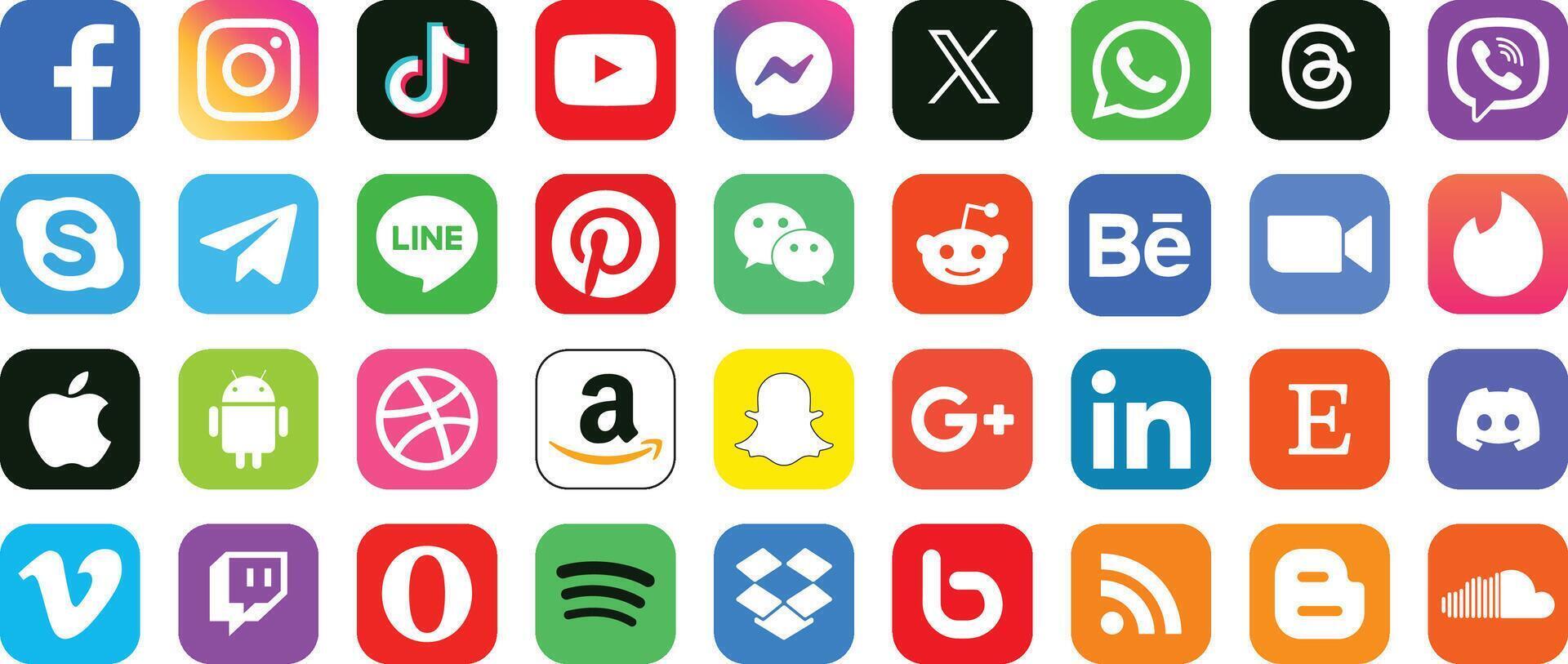 Social Media logos, logo set, Minimal logos, Facebook, youtube, whatsap, tiktok, instagram, zoom, apple, android, threads, skype, tinder vector
