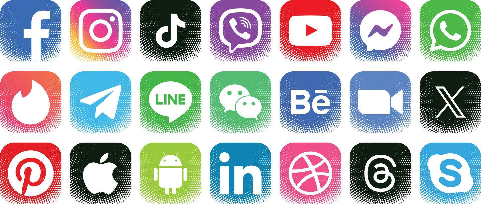 Social Media logos, grunge logos, Facebook, twitter, instagram, youtube, whatsap, tiktok, x, zoom, apple, android, threads, skpe, tinder, viber, pinterest, linkedin vector