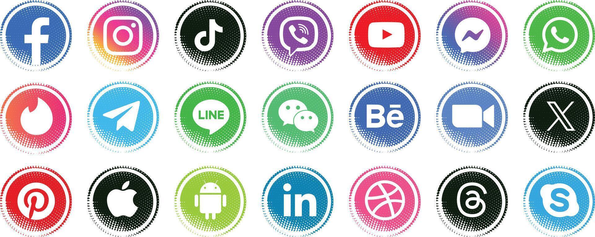 Social Media logos, Social Media icons, Minimal logos, Facebook, youtube, whatsap, tiktok, instagram, zoom, apple, android, threads, skype, tinder, viber, pinterest vector