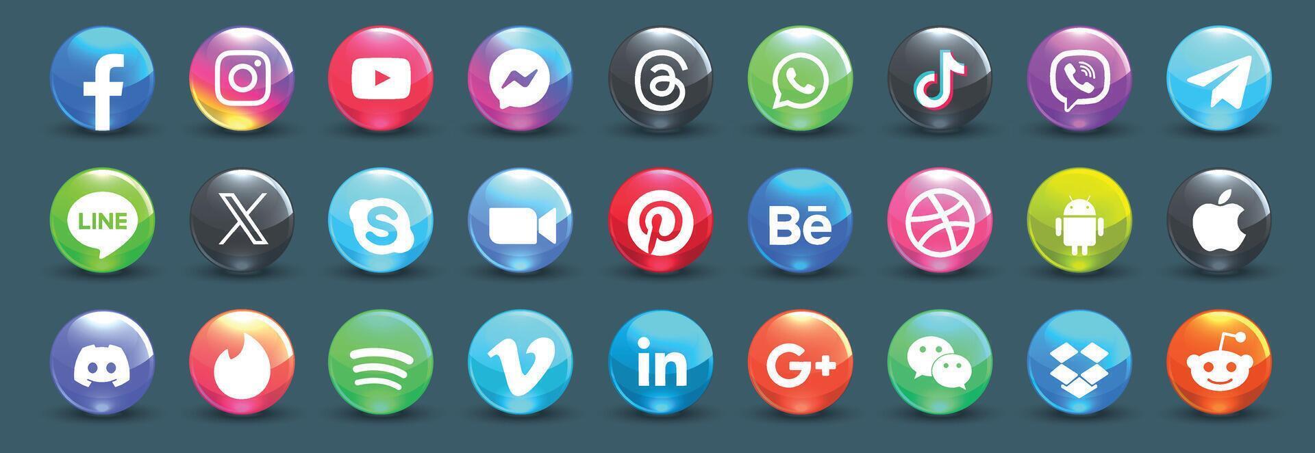 Social Media logos, luxury icon bottons set, Minimal logos, Facebook, youtube, whatsap, tiktok, instagram, zoom, apple, android, threads, skype, tinder, pinterest vector