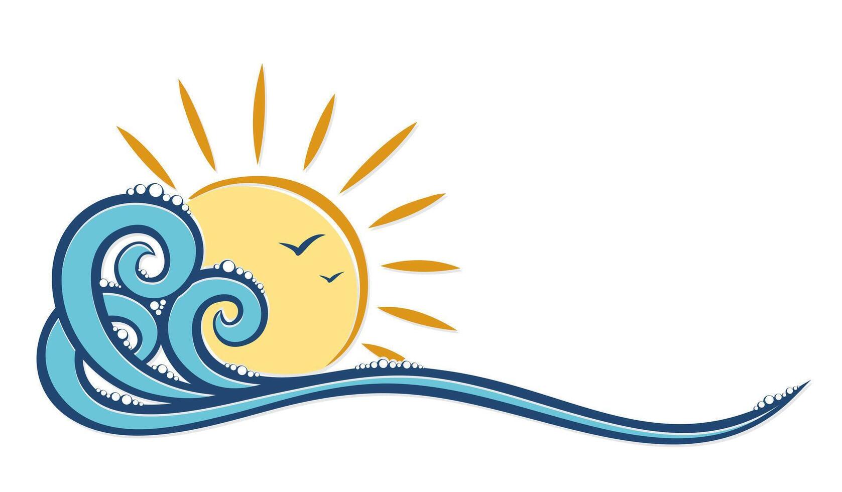Dawn of the sun with a big blue wave symbol. vector