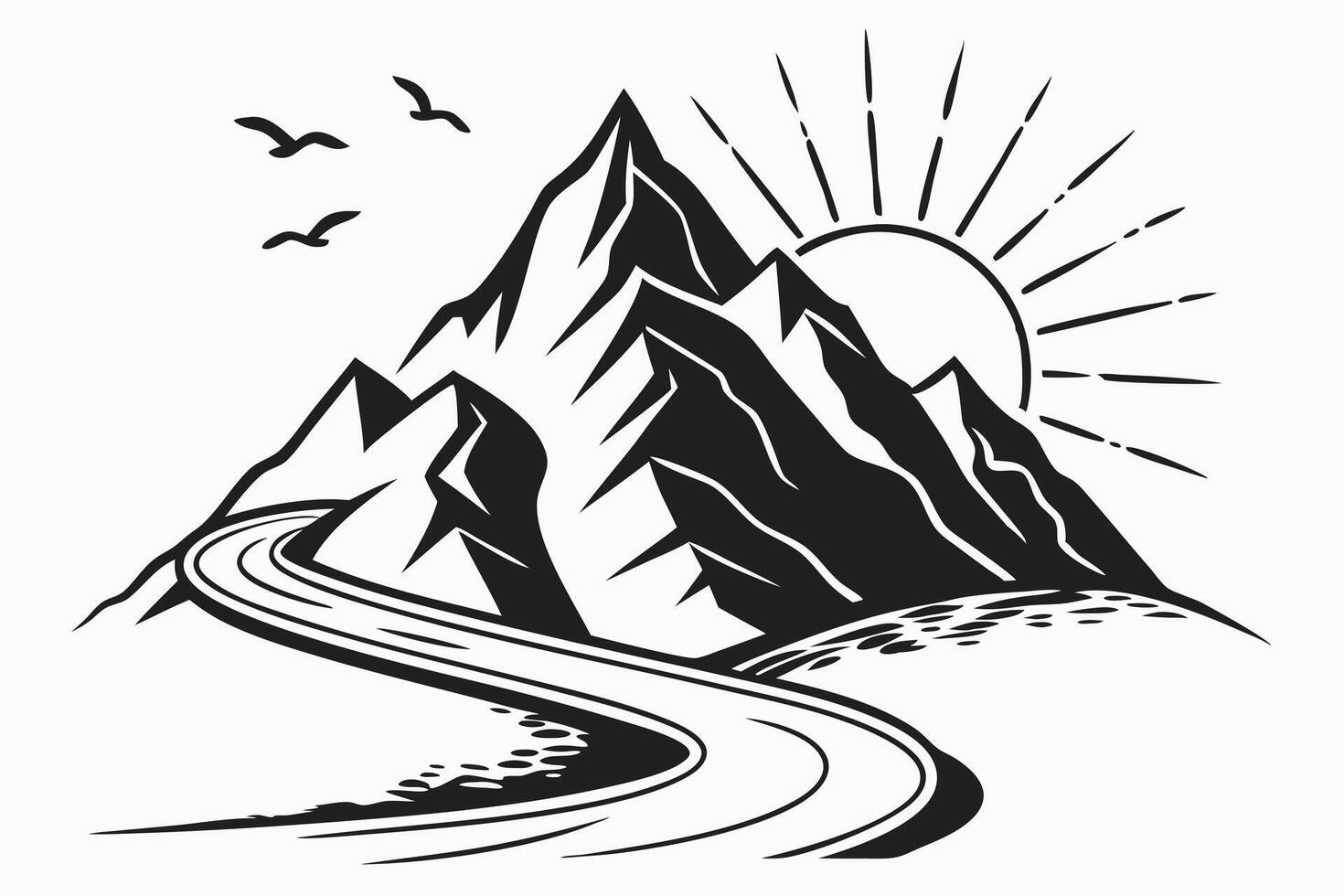 A bold jagged mountain with sharp peaks sits in vector