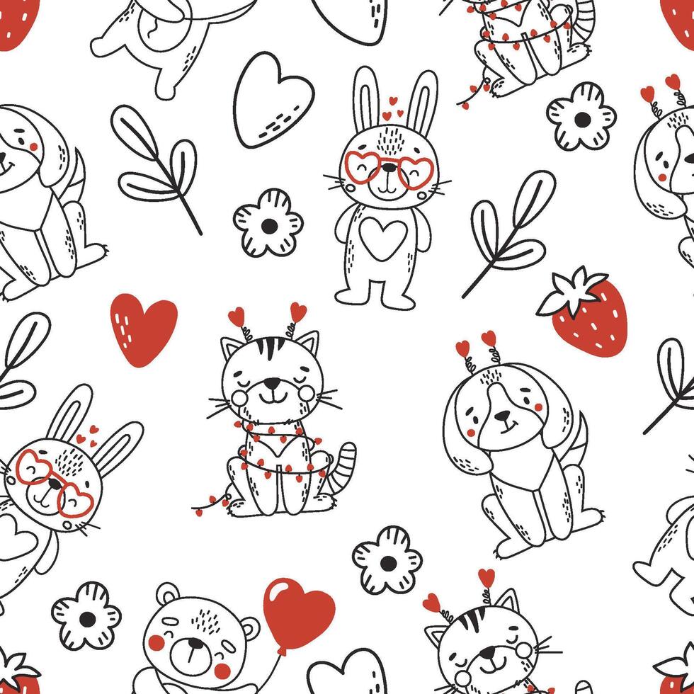 Valentines pattern, love line animals seamless pattern vector