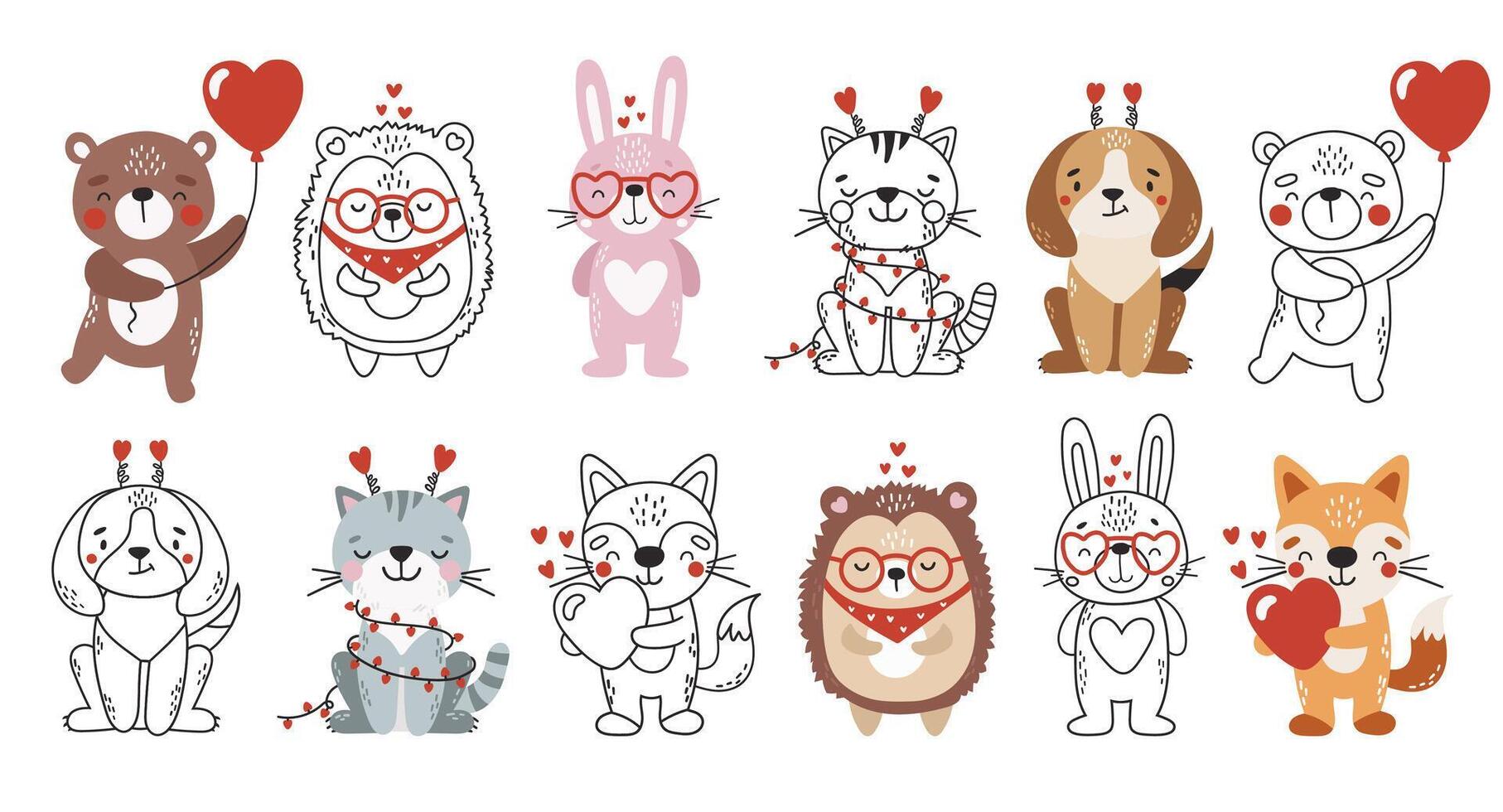 Love animals collection isolated, cute valentines animals, kids illustrations vector