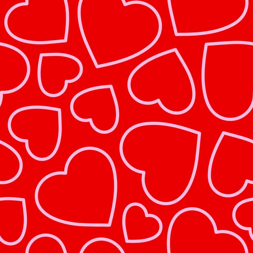 Minimalistic romantic seamless pattern of linear hearts on a red background. Trendy illustration in style retro vector