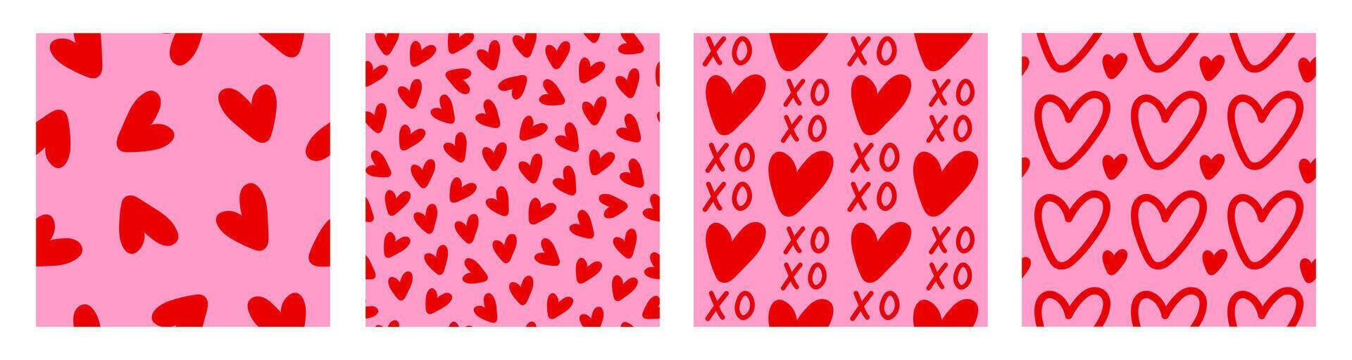 Set cute seamless patterns with red hearts on a pink background. Romantic print for wallpaper, fabric, textile design, wrapping paper. vector