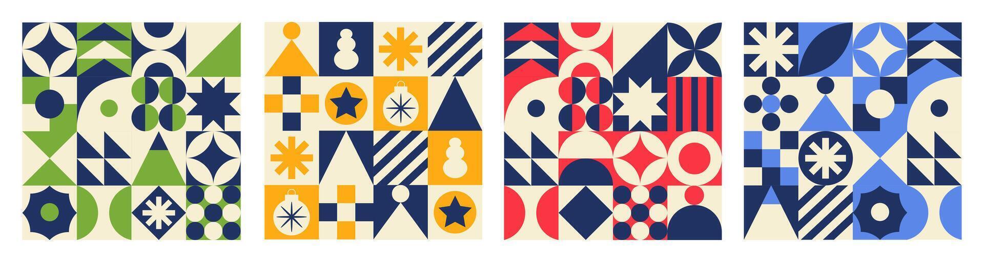 Geometric set colorful seamless patterns. Trendy abstract swiss background. Red, blue, yellow and green colors. vector