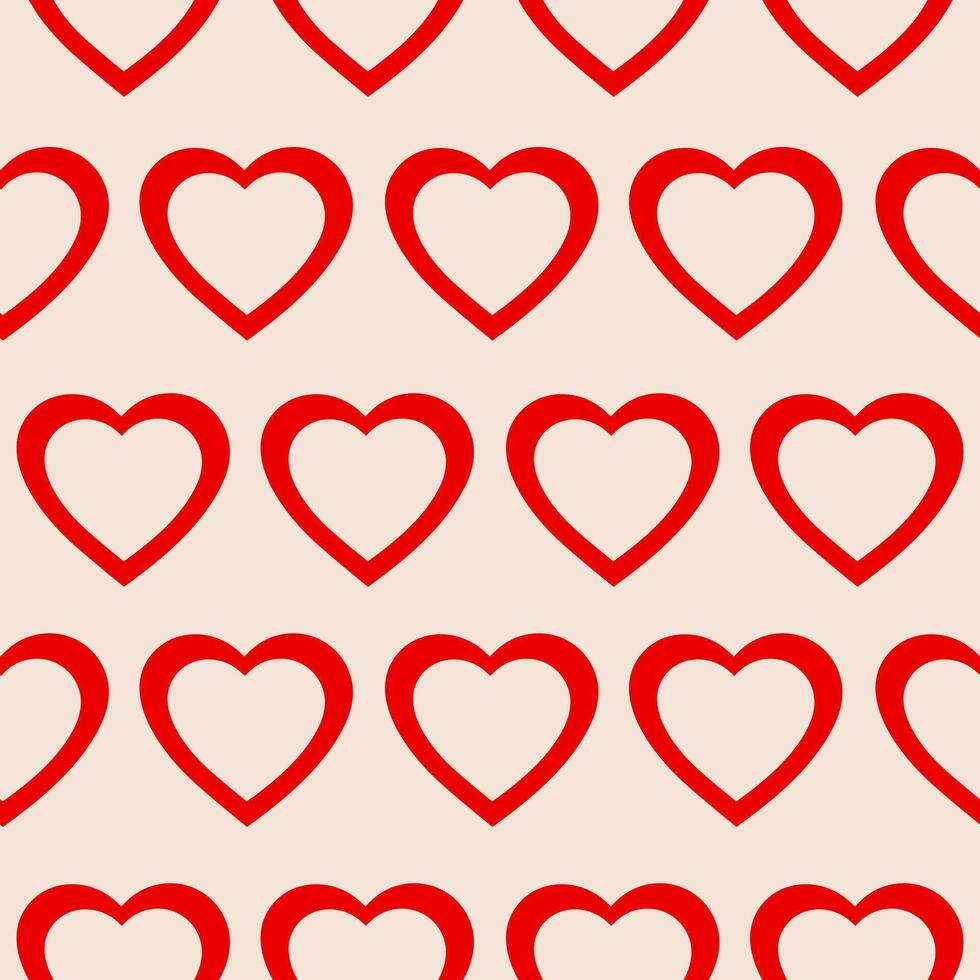 Minimalistic romantic seamless pattern of red hearts on a beige background. Trendy illustration in style retro 60s, 70s vector