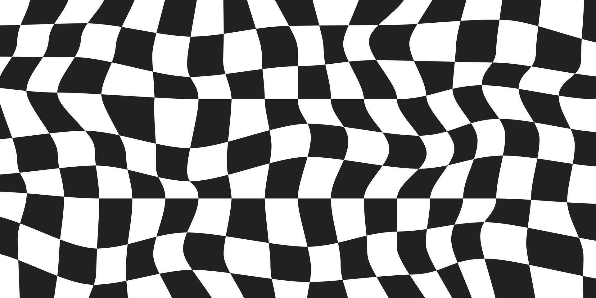 Twisted checkered colorful background. Abstract pattern. Black and white colors. Retro wavy psychedelic checkerboard vector
