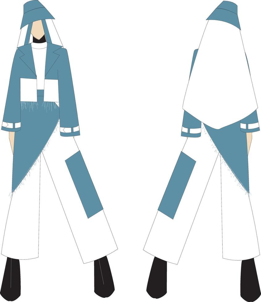Hijabi Women in Blue-White Denim Outfits with Hats and Stylish Details vector