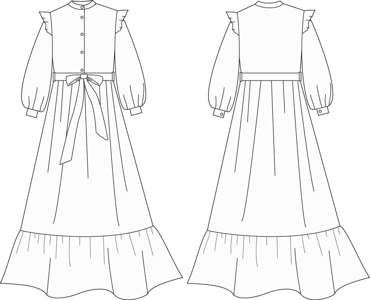This long dress with ruffle frill and robe technical drawing features detailed elements, including the ruffle frill design, robe-style belt, and dress silhouette. Ideal for fashion designers vector