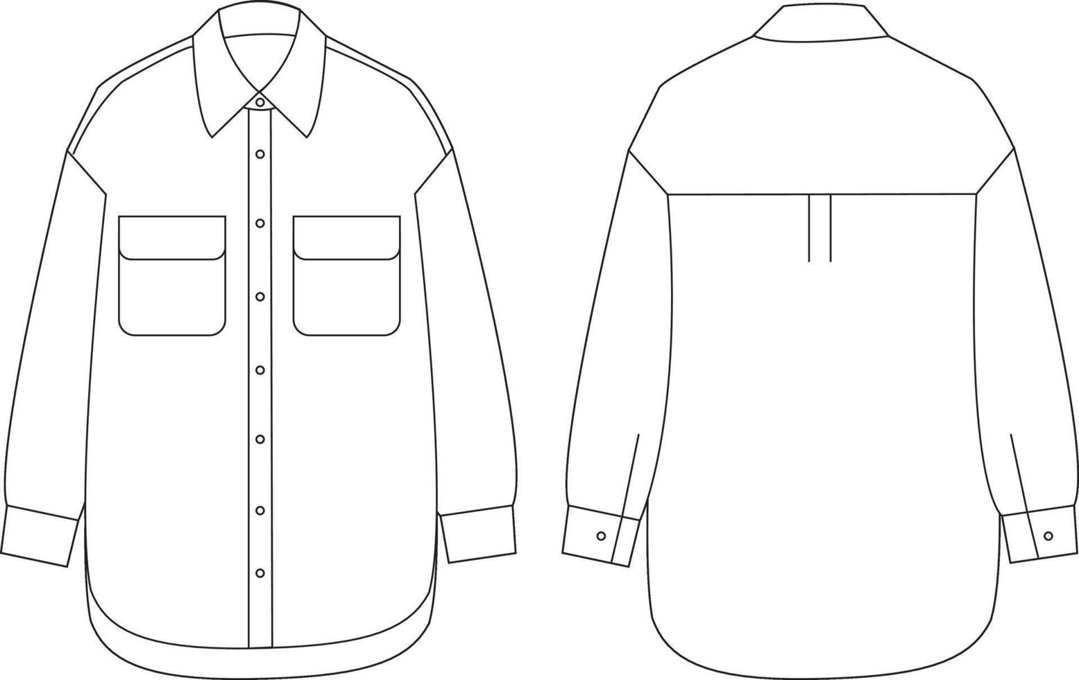 This long shirt technical drawing highlights precise design details, including the shirts length, silhouette, and seam lines. low point shoulder, Ideal for fashion designers and garment makers vector
