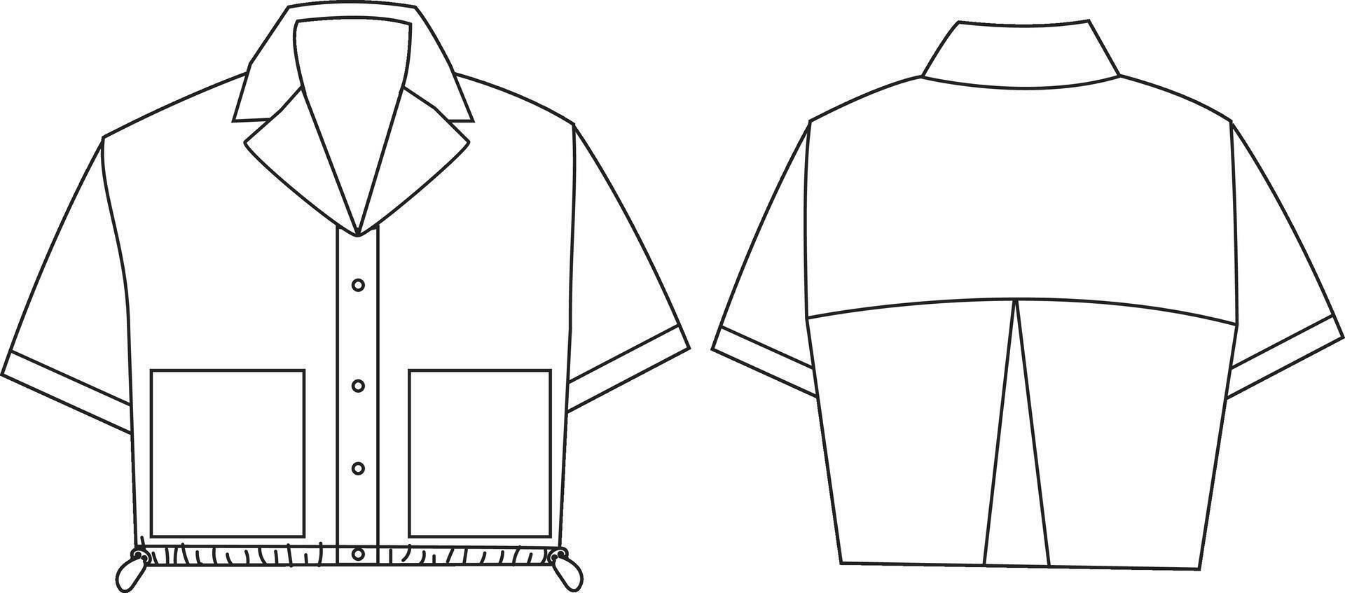 This short sleeve cropped top with cargo pocket technical drawing features detailed elements, including the cargo pocket design, cropped silhouette, and seam lines. Ideal for fashion designers vector