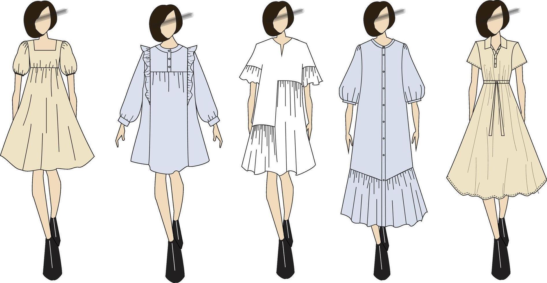 This set features three distinct fashion illustrations of women clothing, showcasing different models and styles. Each illustration highlights unique design elements, silhouettes, and details. Ideal vector
