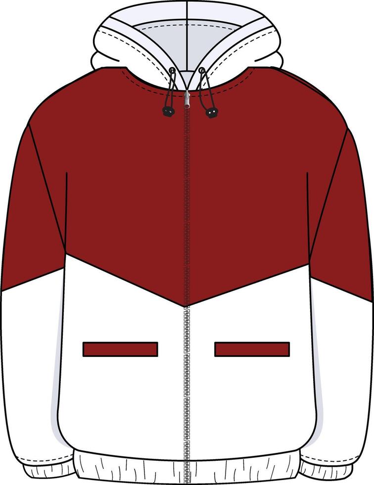Diagonal jacket technical drawing with a front zipper, angled closure, and modern design. Features clean lines, structured fit, and functional elements like side pockets and cuffs, perfect for both vector