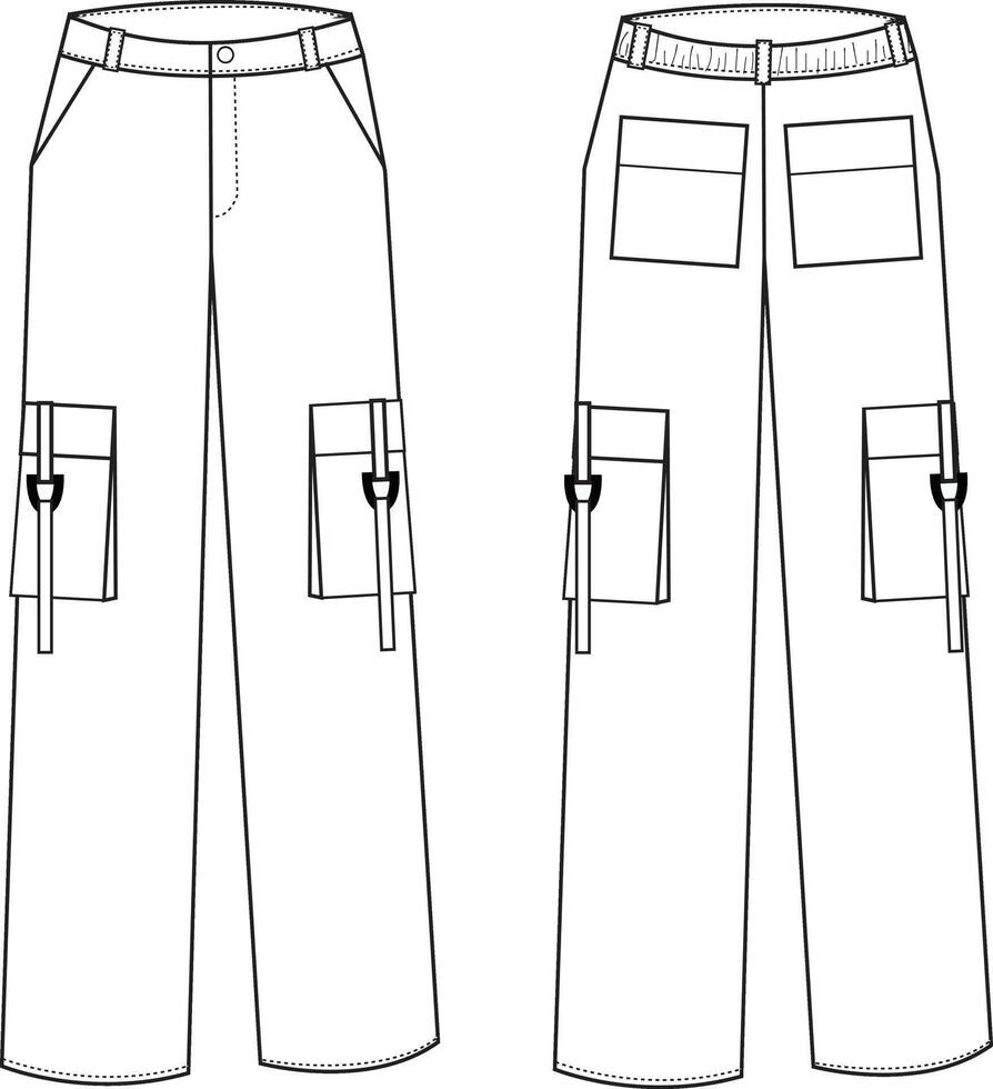 Cargo pants technical drawing with zipper, multiple pockets, utility style, and relaxed fit vector