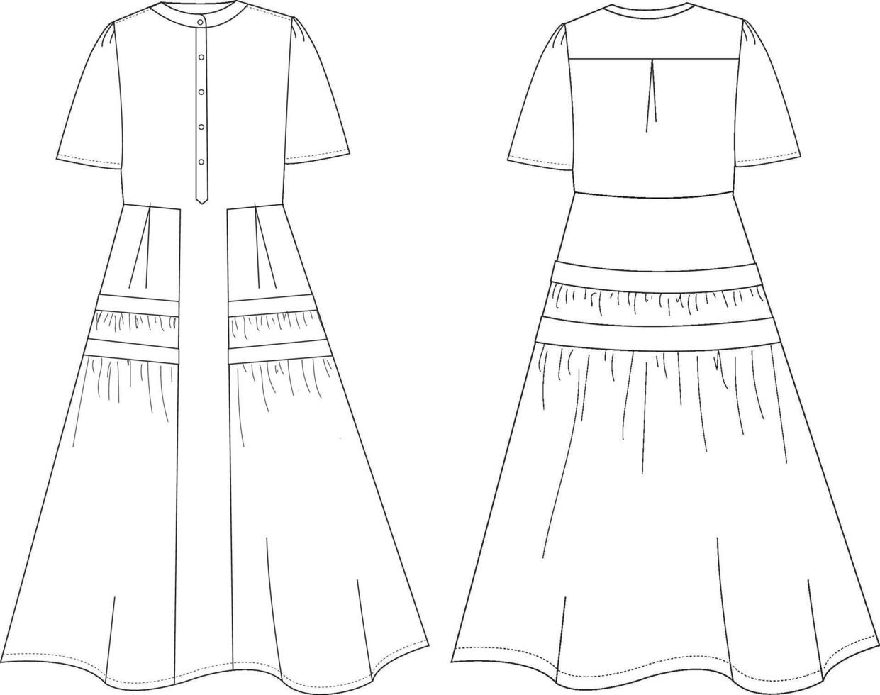 short sleeve dress technical drawing features precise and detailed elements, including sleeve design, silhouette, and seam lines. Ideal for fashion designers and garment makers, it ensures accura vector