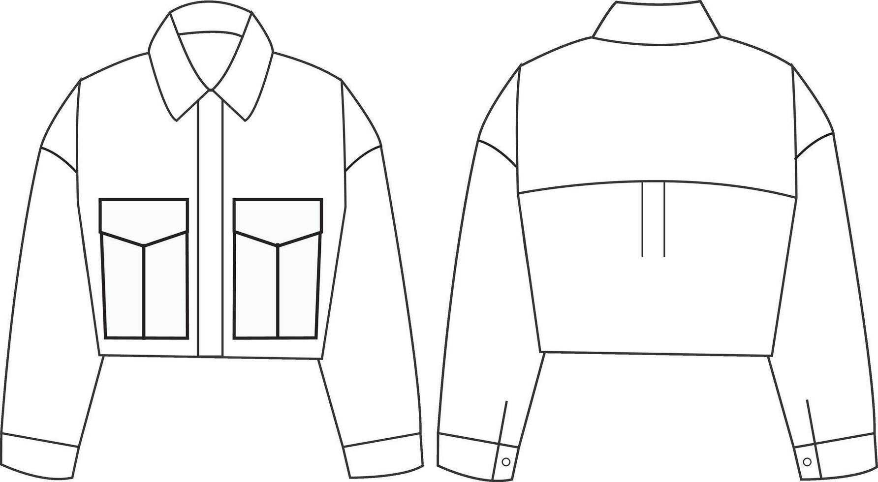 long cropped top jacket with cargo pocket technical drawing features detailed elements, including the cargo pocket design, cropped silhouette, and seam lines. Ideal for fashion designers and garment vector