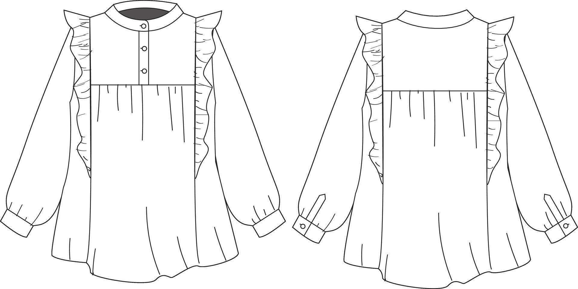 Technical drawing of a long blouse with ruffle details. This precise illustration captures the blouse's elegant design, showcasing its flowing silhouette and decorative ruffles. vector