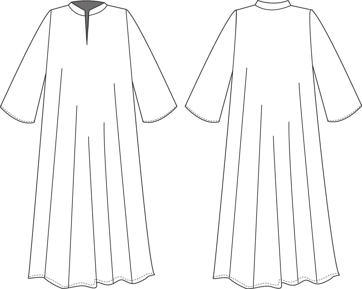 This dress technical drawing features detailed and accurate representations of every element, from stitching to silhouette vector