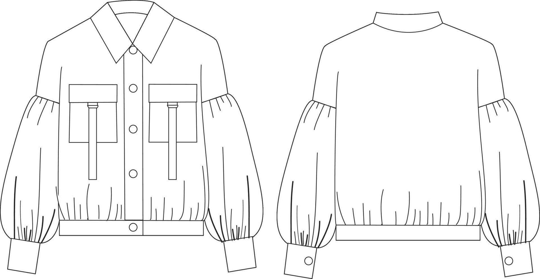 This cropped top with puff sleeve technical drawing features detailed elements, including the puff sleeve design, cropped silhouette, and seam lines. Ideal for fashion designers and garment makers vector
