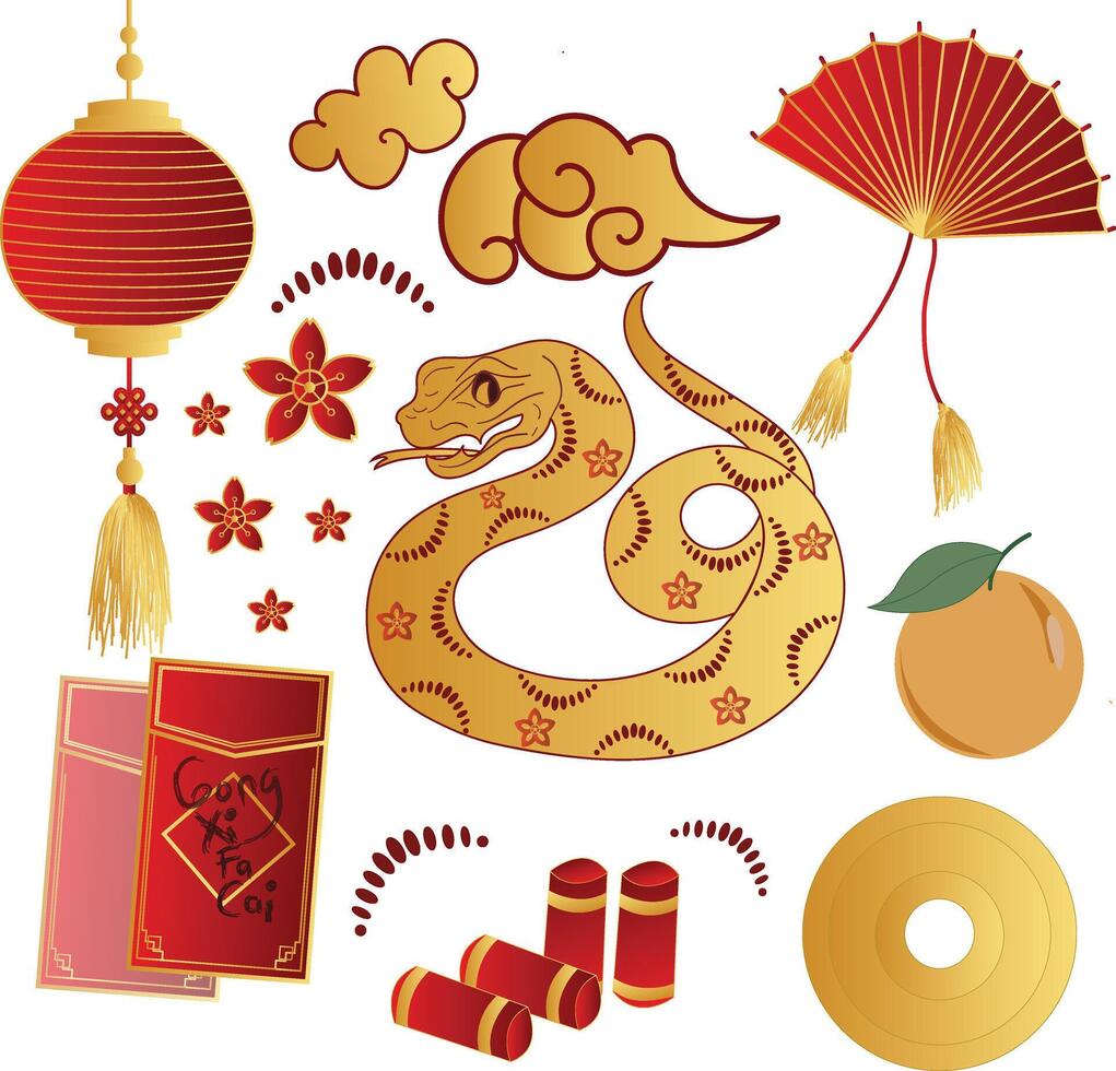 illustration of Chinese New Year elements for the Year of the Wood Snake coins, lanterns, fans, mandarin oranges, sakura flowers, and red envelopes with Gong Xi Fa Cai text in festive vector
