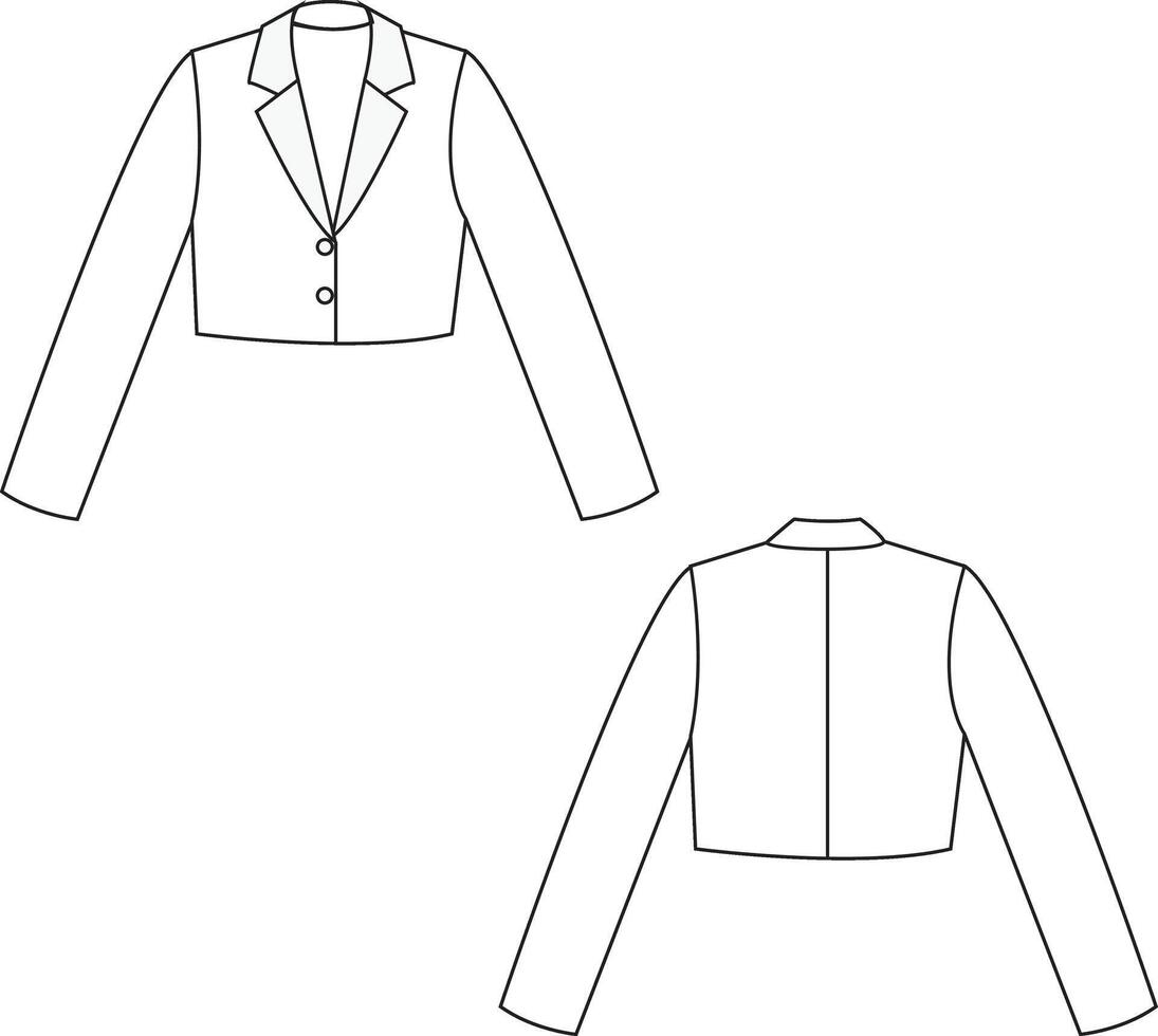 Long blazer technical drawing with zipper, tailored fit, clean lines, and modern formal style vector