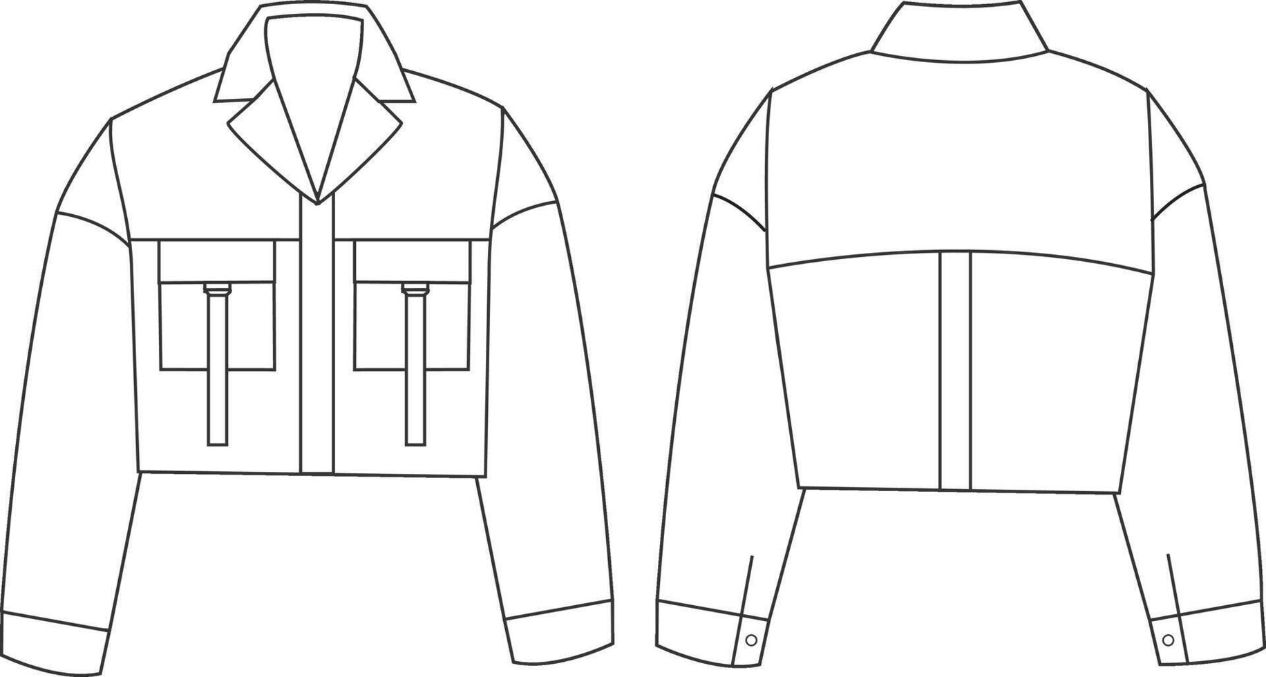 This long cropped top with cargo pocket technical drawing features detailed elements, including the cargo pocket design, cropped silhouette, and seam lines. Ideal for fashion designers and garment vector