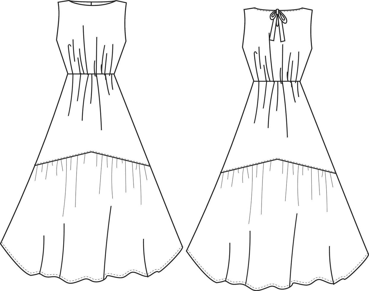 This sleeveless dress with bow in back technical drawing features precise details, including the bow design and seam lines. Ideal for fashion designers and garment makers, it ensures accurate interpre vector